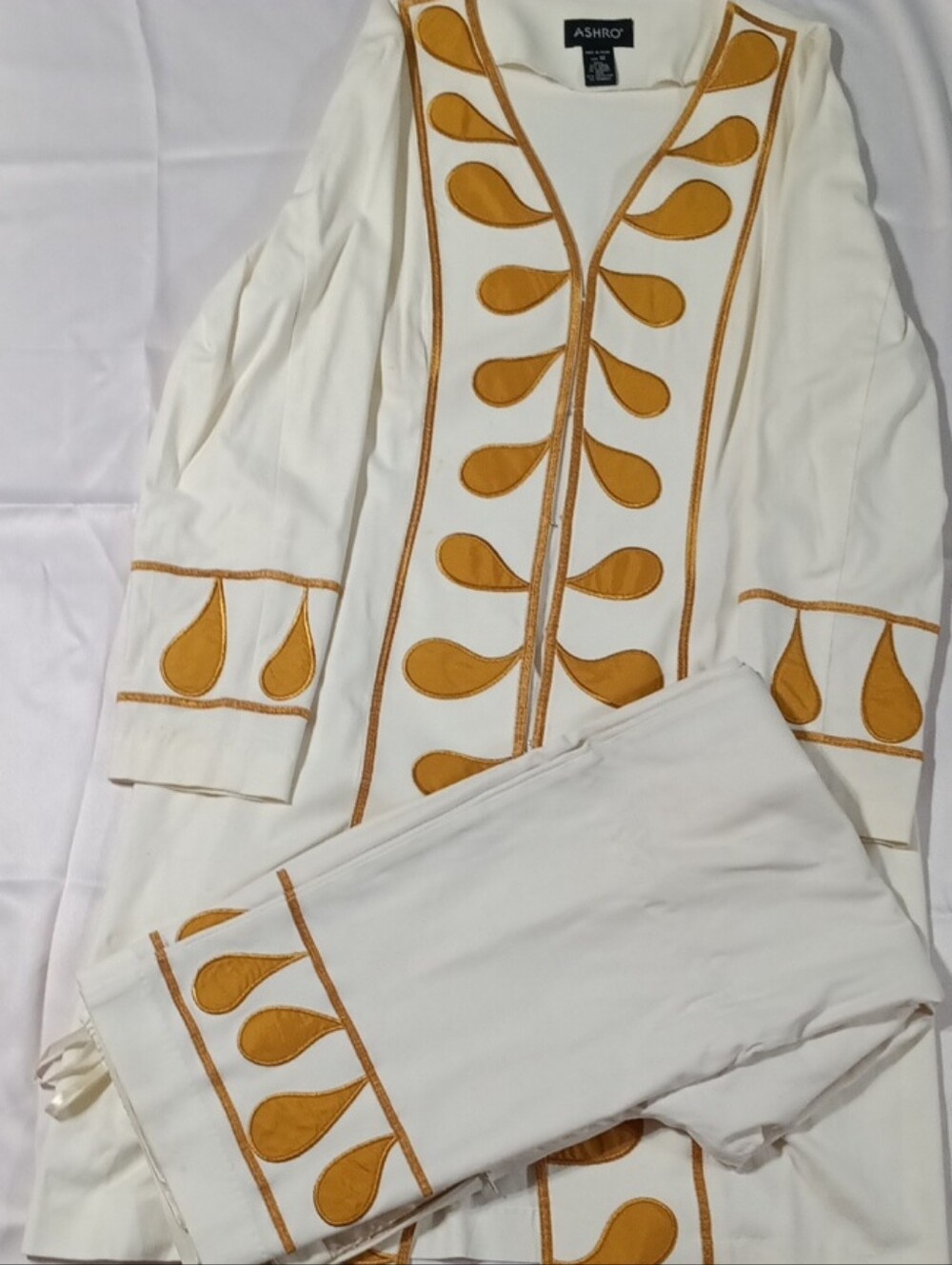 Ashro White Jumpsuit with Mustard Teardrop Embroidery